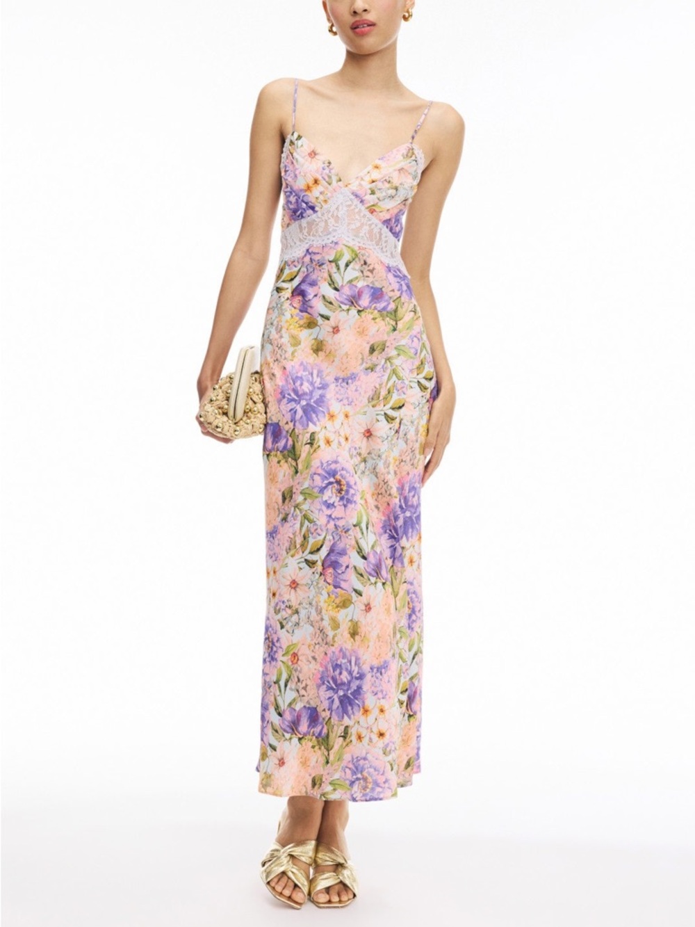 ASTR The Label Ivanna Floral Print Lace Panel Satin Maxi Dress in Purple NEW - Picture 3 of 13